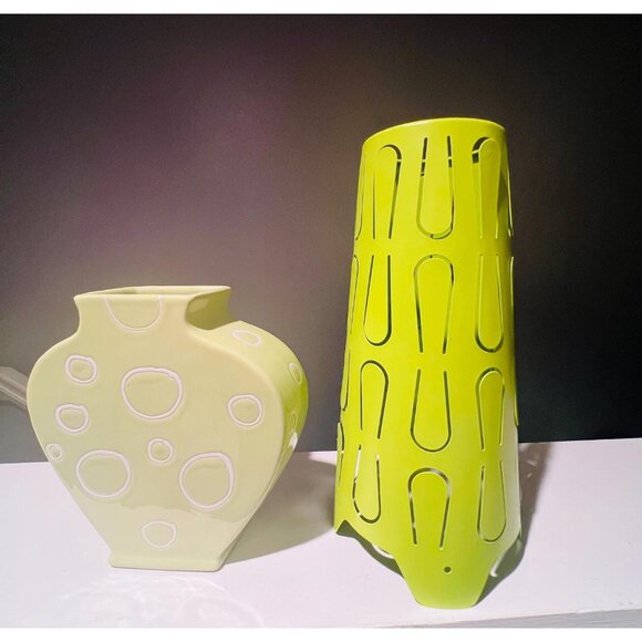 Modern Abstract Lime Green Vases (Set of 2) – Retro Minimalist Home Decor - Picture 7 of 9